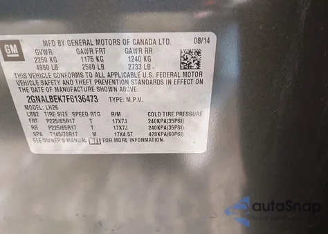 2015 Chevrolet Equinox Lt z USA, uszkodzony, nr VIN 2GNALBEK7F6136473